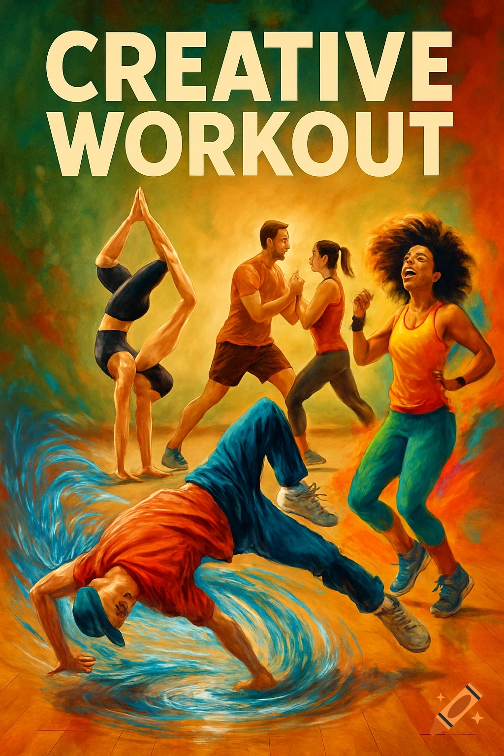 Colorful painterly poster of diverse people exercising: breakdancing, acro yoga, partner workout, and zumba. Text 'CREATIVE WORKOUT'.