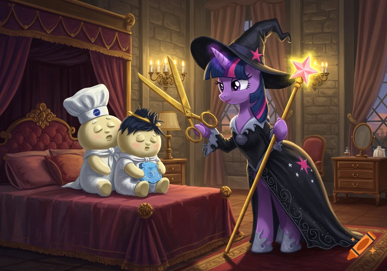 A purple pony witch with a tall hat and long black dress holds giant gold scissors over two Pillsbury Doughboy-like characters on a bed in a castle bedroom. The pony holds a pink star-tipped wand.