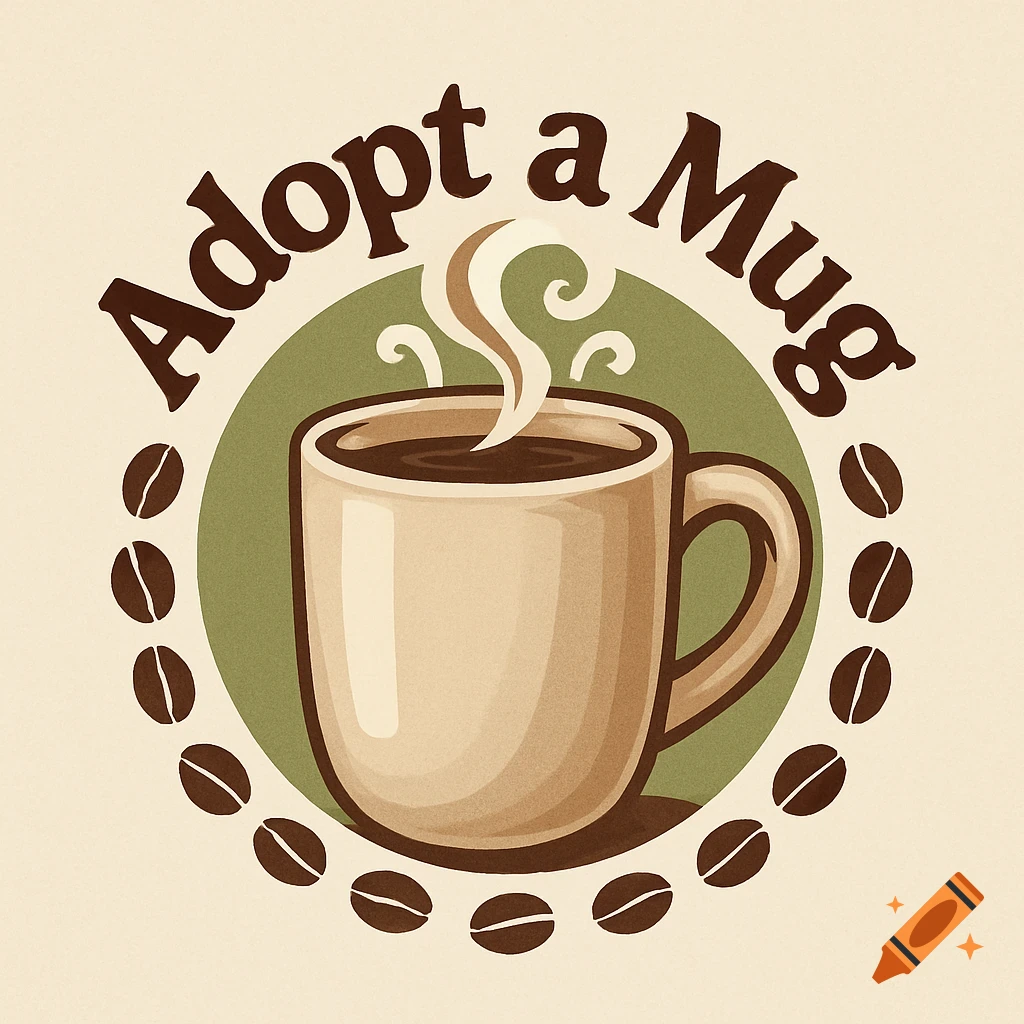 A vintage-style logo featuring a steaming coffee mug surrounded by coffee beans, with the text 'Adopt a Mug' arching above.