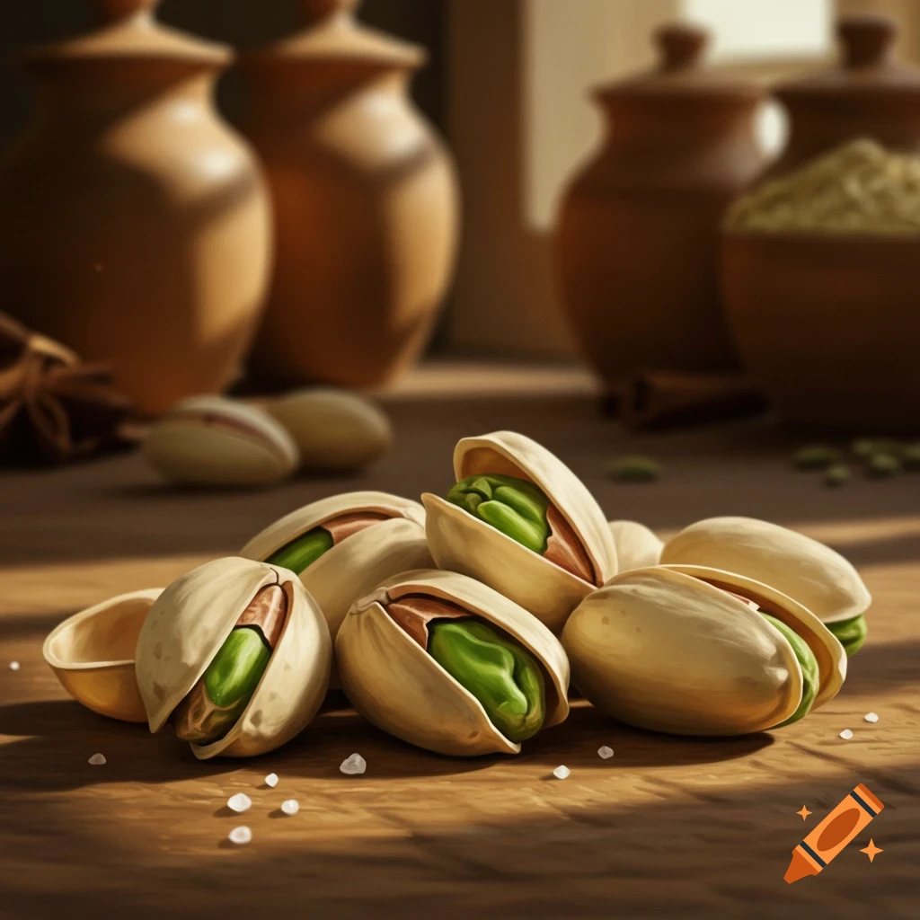 A close-up, photorealistic shot of open pistachios with salt crystals on a wooden surface, blurred jars in the background.