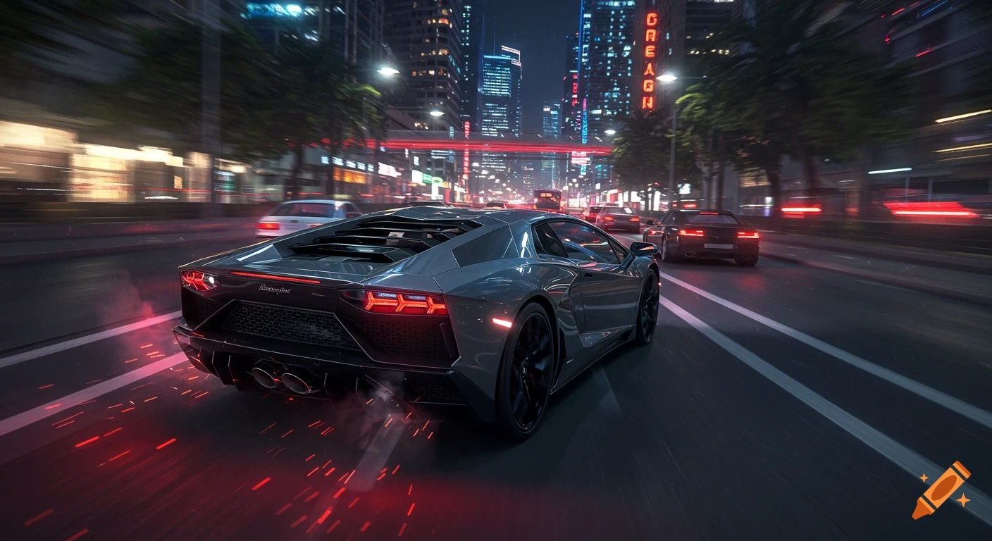 A gray Lamborghini sports car speeds down a city street at night, with motion blur and glowing red tail lights.