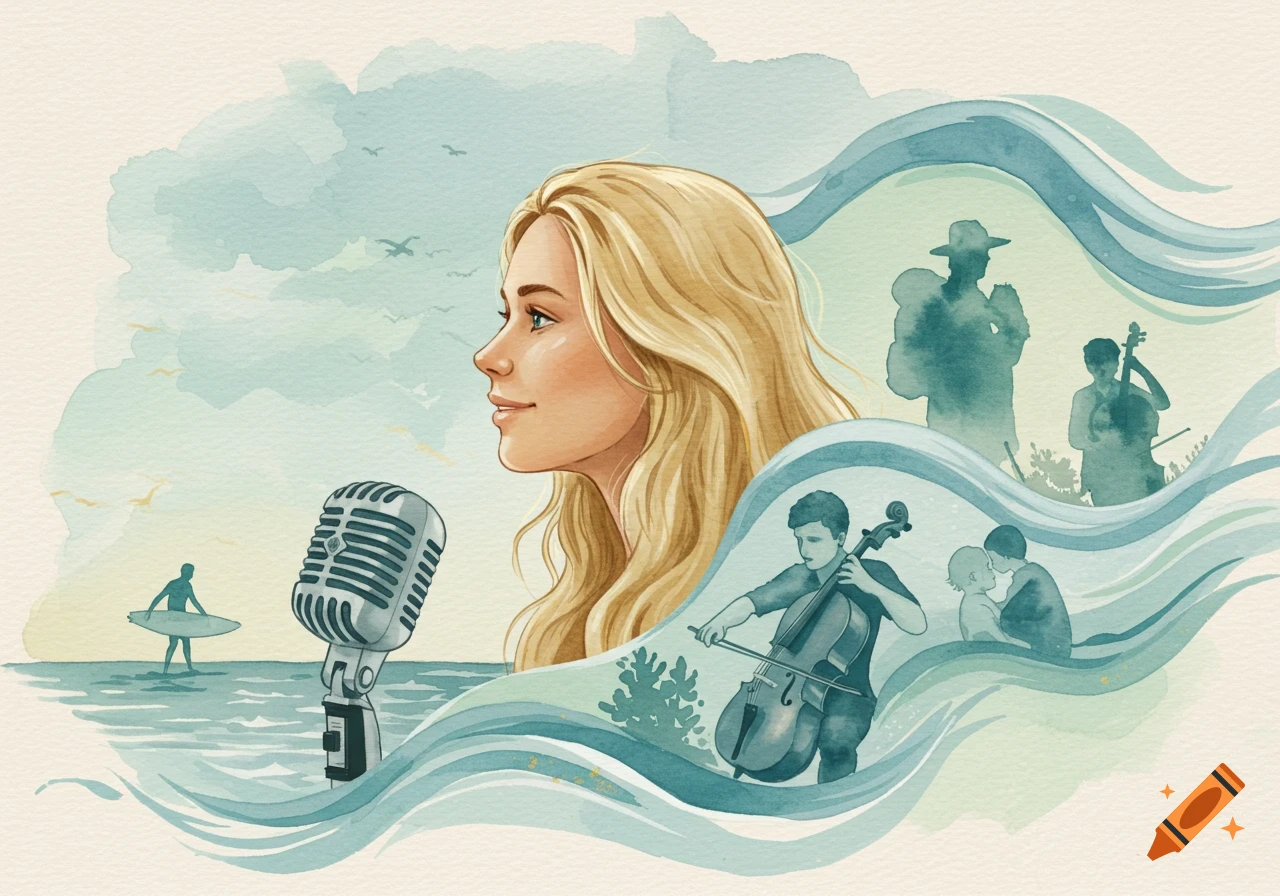Watercolor illustration of a blonde woman by a vintage microphone, with waves showing silhouettes of a surfer, cellist, and family.