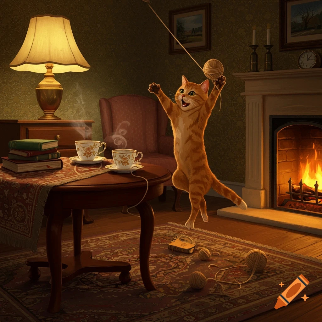 An orange tabby cat jumps playfully at a ball of yarn, knocking over two steaming tea cups on a table in a cozy, fire-lit room.