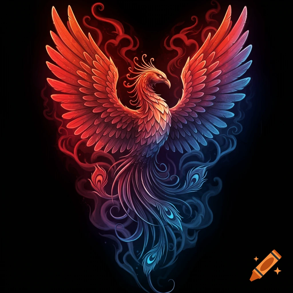A vibrant phoenix with red and blue wings spread wide, its tail feathers swirling into smoke on a black background, in a stylized design.