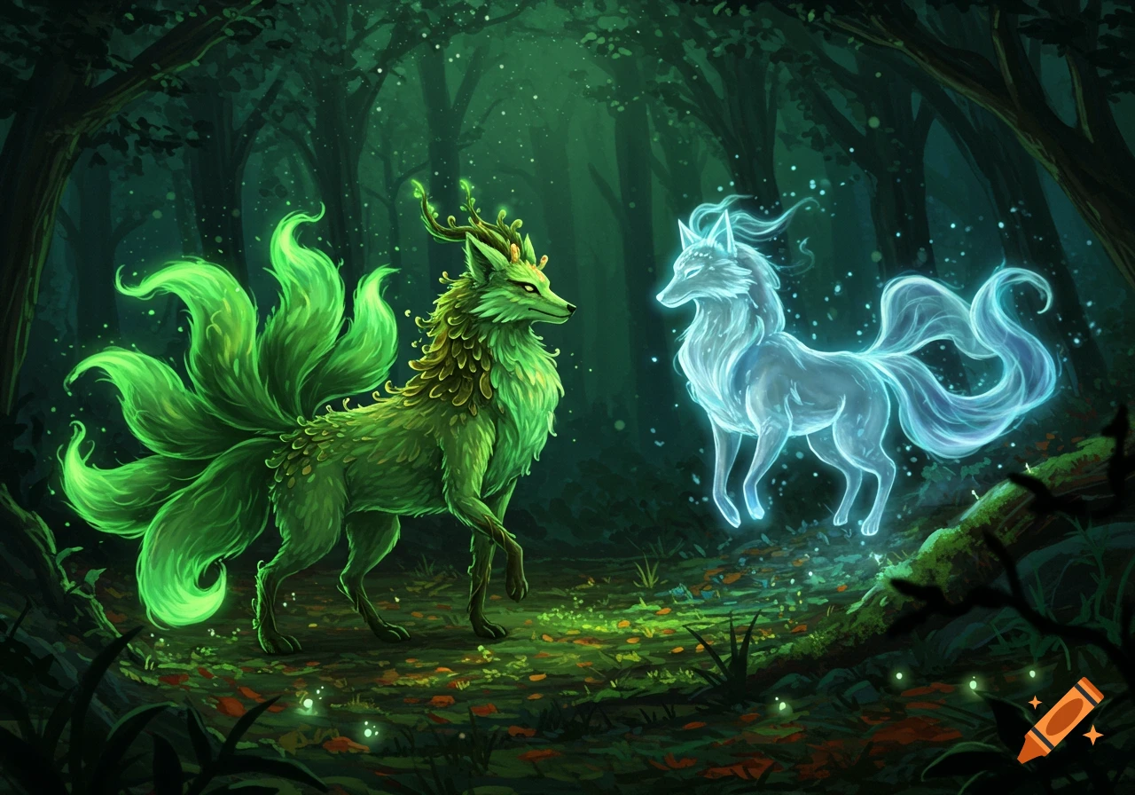 A vibrant green elemental kitsune with multiple tails faces a glowing, ethereal ghostly kitsune in a dark, magical forest.