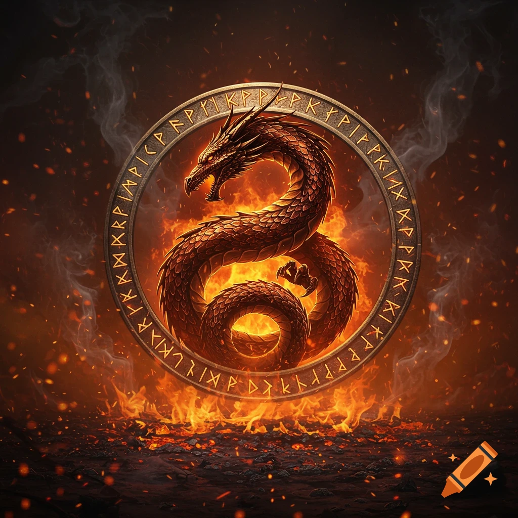 A powerful red-scaled dragon coiled within a circular emblem adorned with runes, surrounded by glowing embers, flames, and smoke in a dark, fiery scene.