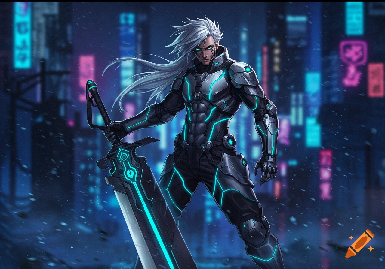 An anime man with white hair in futuristic glowing armor holds a giant neon sword in a cyberpunk city at night.