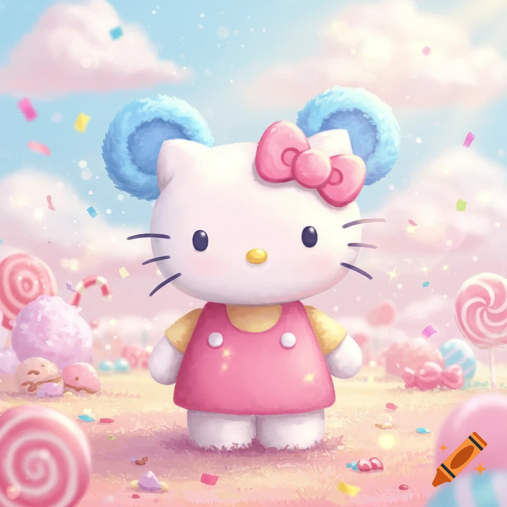 Cute Hello Kitty in a pink dress with blue fluffy ears, standing in a whimsical candy land with lollipops and confetti.