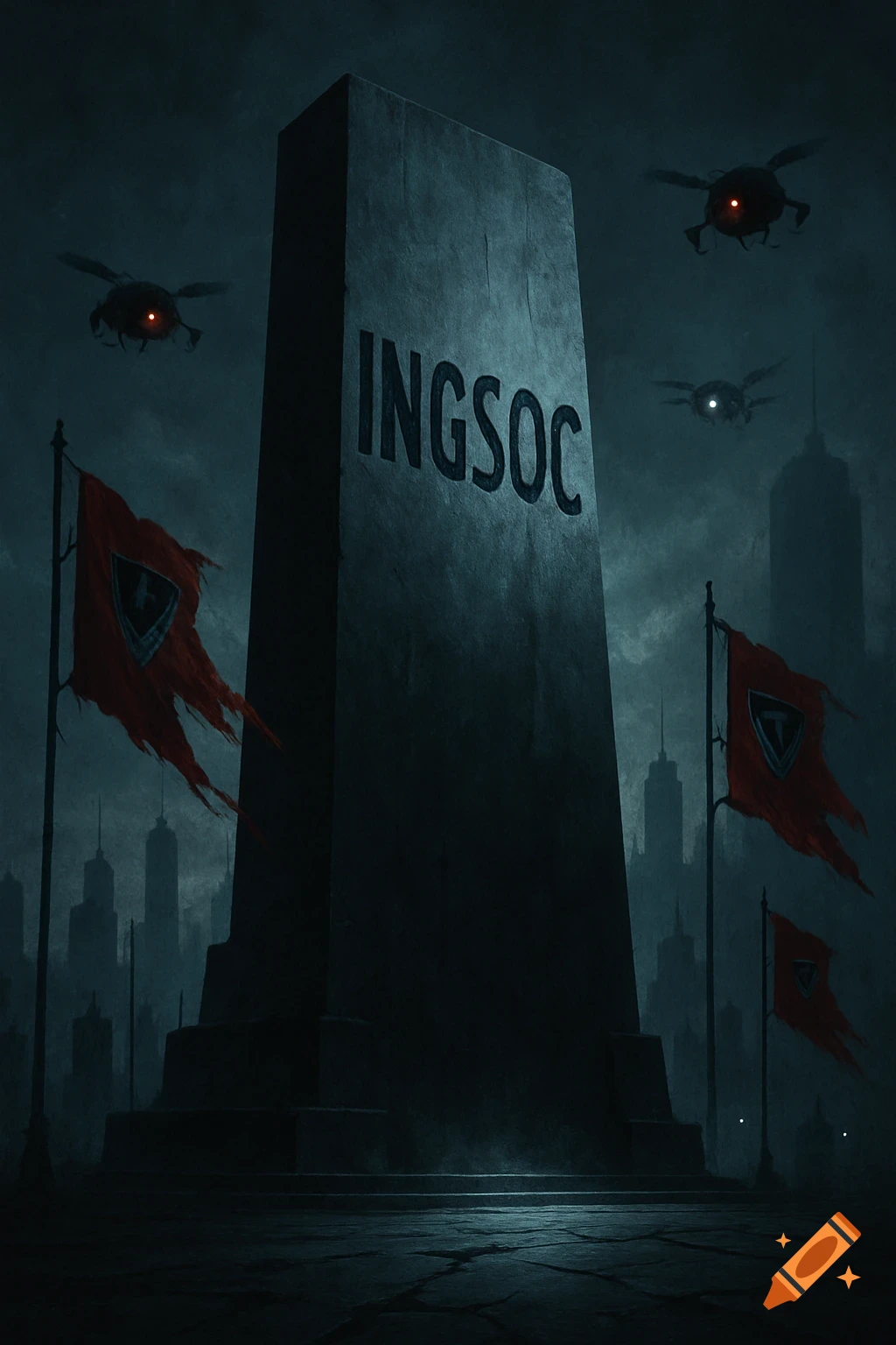 A dark, moody dystopian city scene with a giant monolith displaying "INGSOC", torn red flags, and surveillance drones flying overhead.
