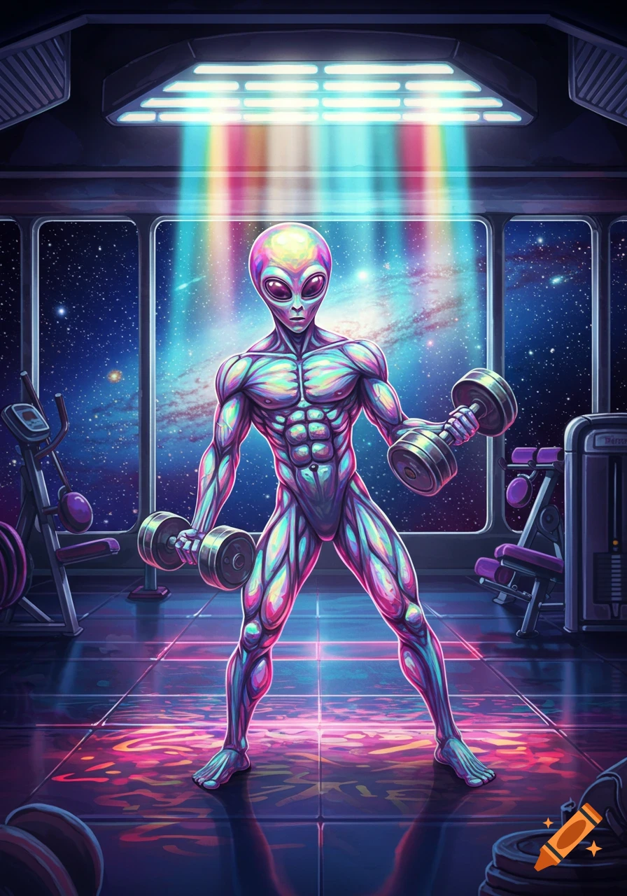 Vibrant, muscular alien lifts dumbbells in a futuristic gym overlooking a galaxy.