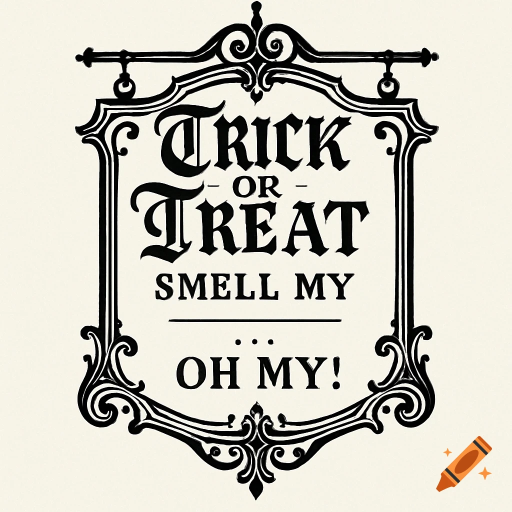 A black and white vintage apothecary sign with ornate borders, reading 'Trick or Treat Smell My ... Oh My!' in stylized fonts.