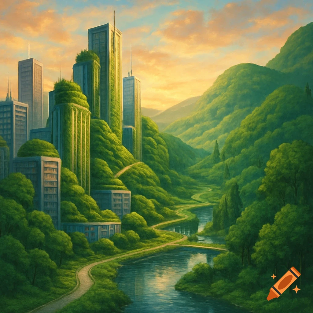 Lush green mountains and valleys with a winding river and path, featuring futuristic buildings overgrown with greenery under a warm, cloudy sky.
