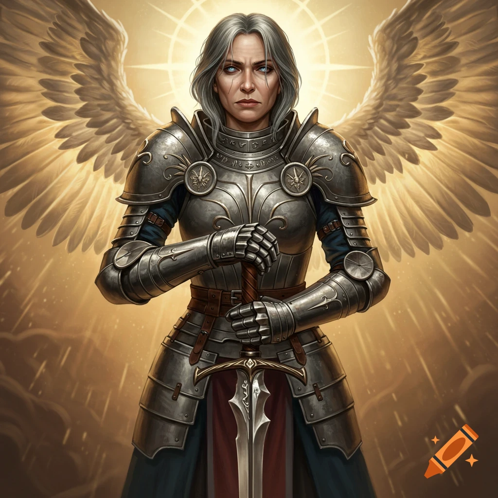 A stoic female angel warrior with blue eyes and gray hair wears ornate steel armor, holding a sword amidst a golden radiant background with large wings.