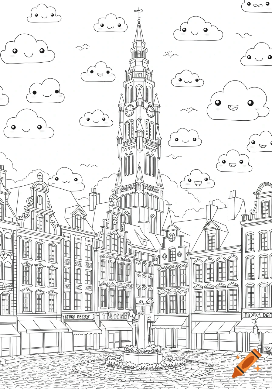 A black and white line art coloring page showing a European city square with a tall belfry tower, townhouses, and smiling kawaii clouds.