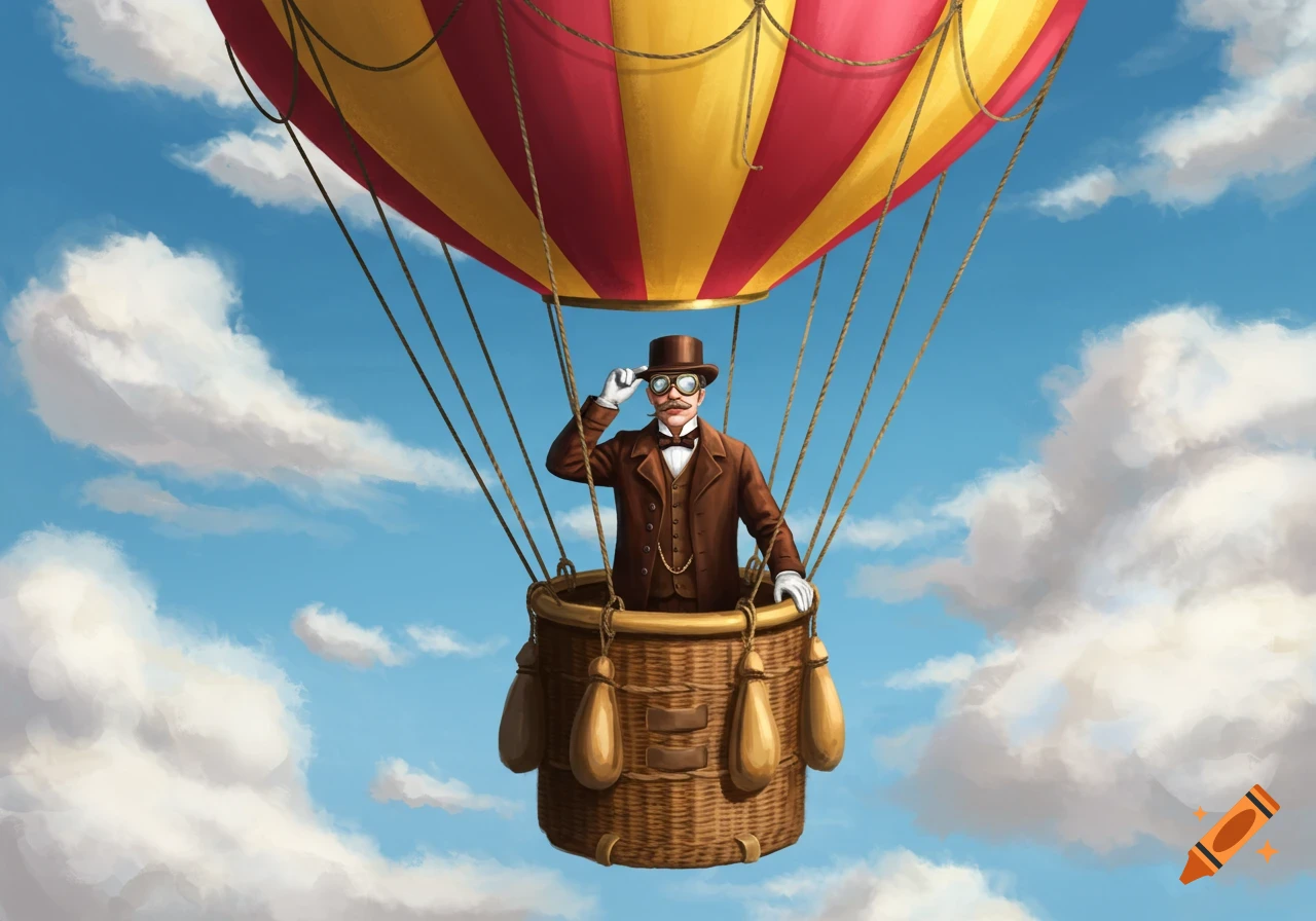 A dapper man in a top hat and goggles pilots a red and yellow hot air balloon, illustrated against a blue sky with clouds.