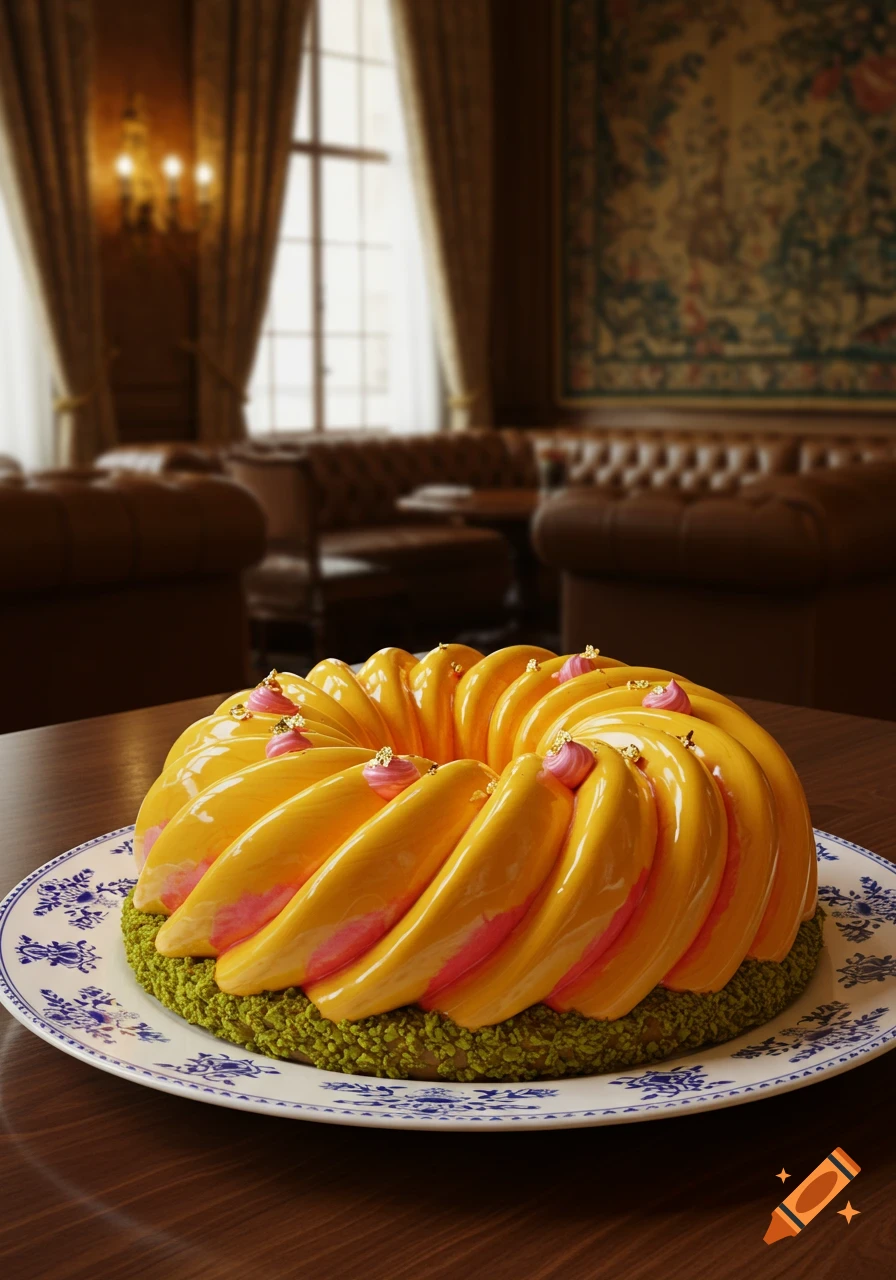 A vibrant yellow glazed cake with pink accents and gold leaf, on a patterned plate, set against a blurred luxurious interior.