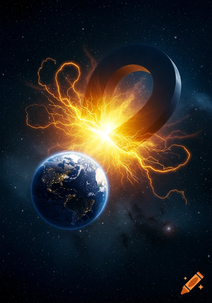 A massive, dark, U-shaped magnet generates brilliant golden lightning and light, pulling a detailed Earth towards it in the vast, starry expanse of space.