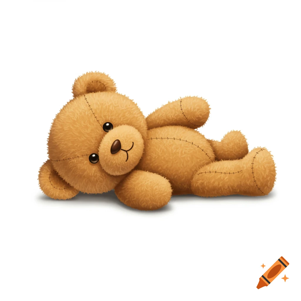 A cute, brown illustrated teddy bear lying on its side on a white background.