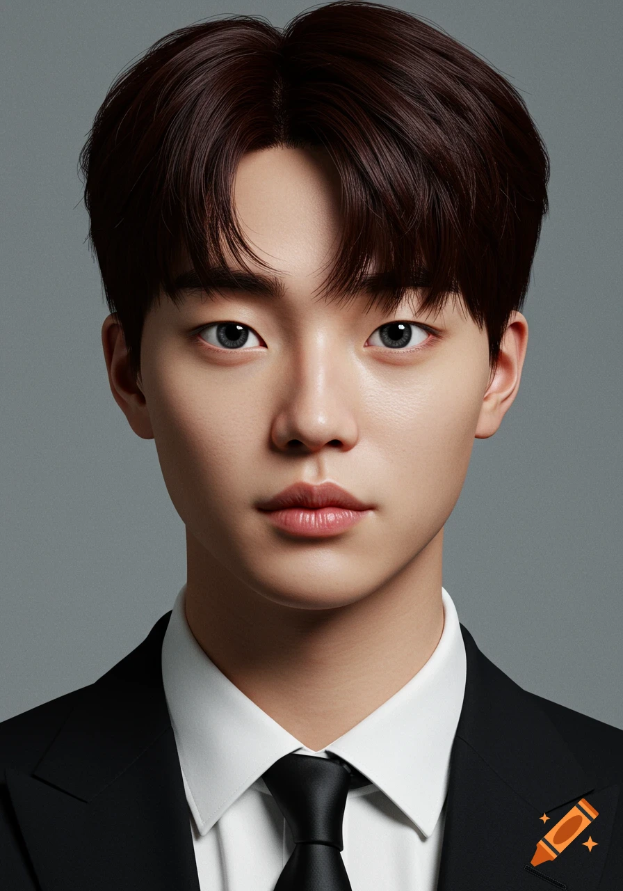 Hyperrealistic portrait of a handsome Korean young man with dark hair, wearing a black suit and tie against a plain grey background.