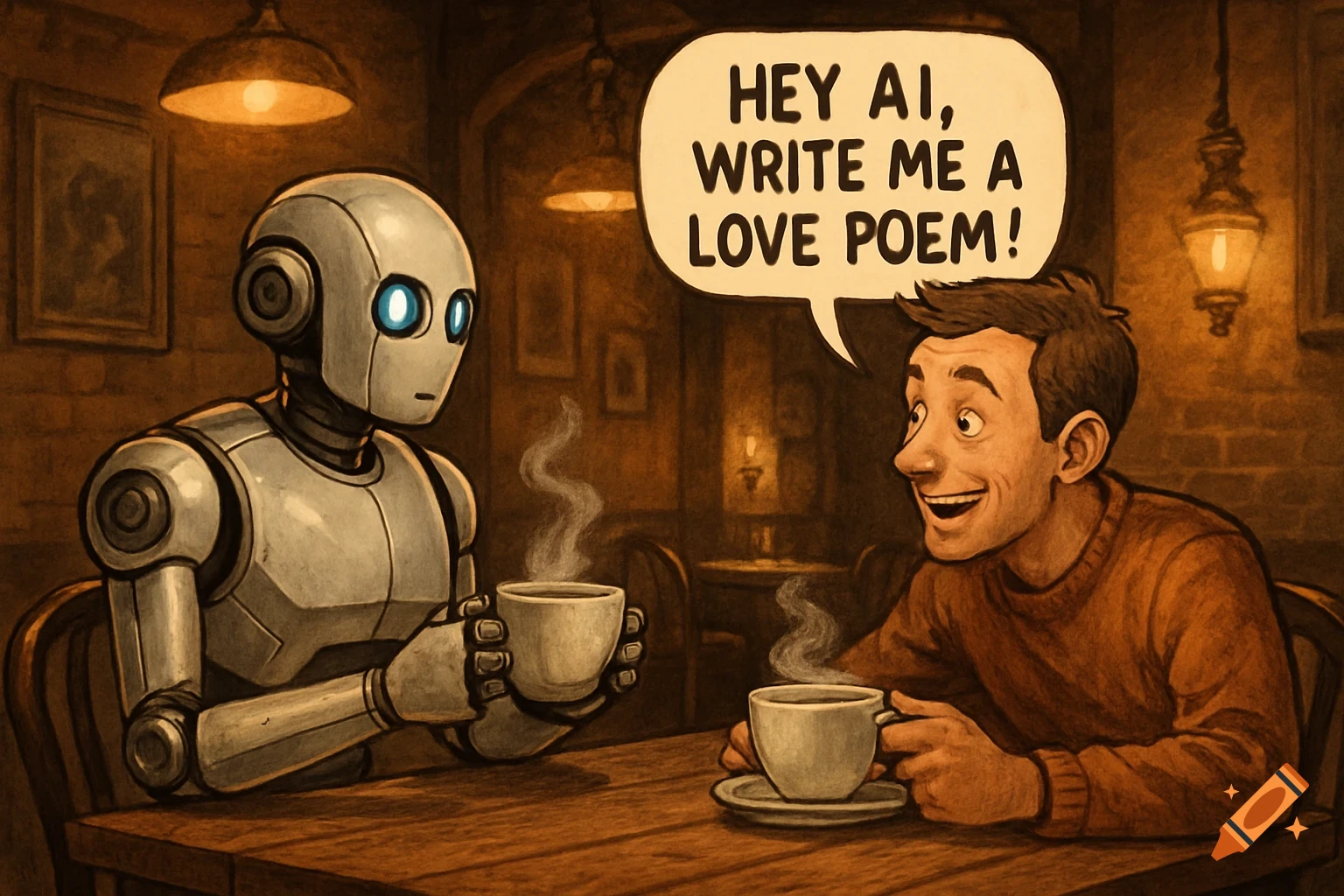 A human and a robot share coffee in a cozy restaurant. The human asks the robot, 'Hey AI, write me a love poem!' in a speech bubble.