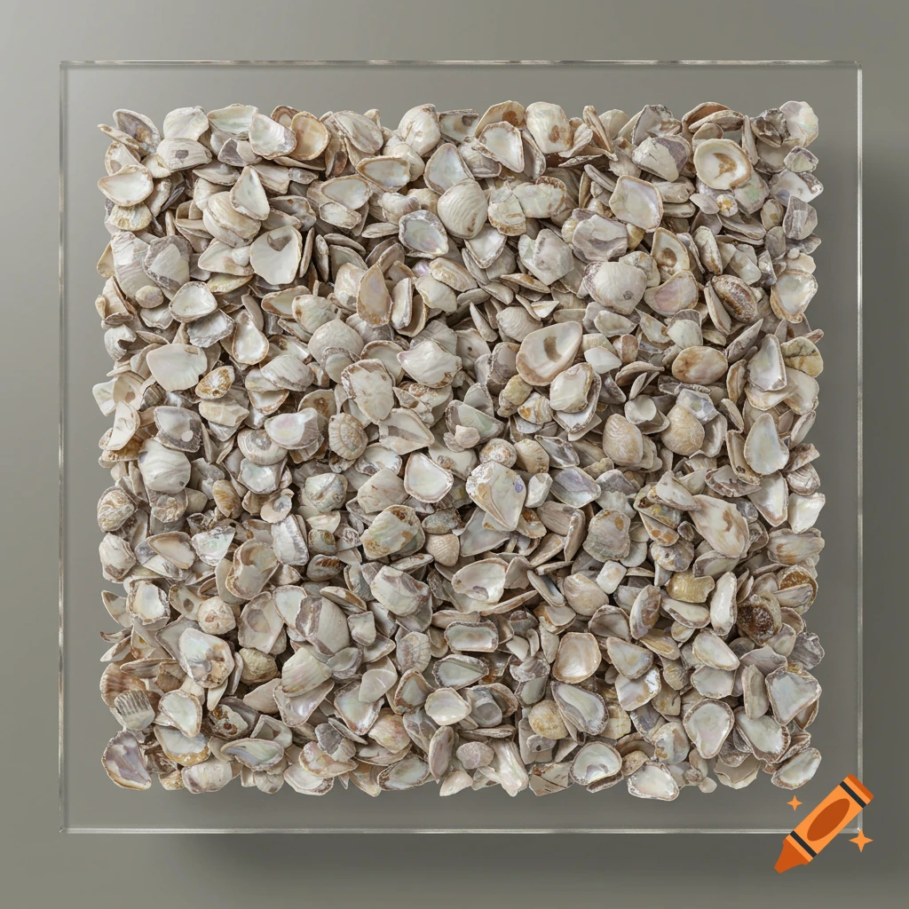 A square art piece features a dense pile of crushed light-colored shells behind a clear glass pane, against a gray background.