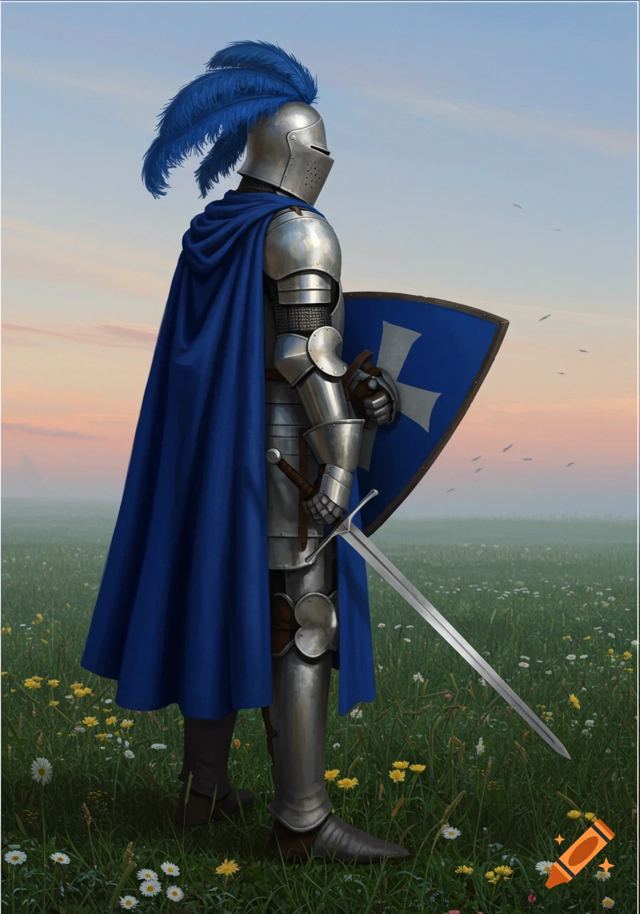 A medieval knight in silver armor with a blue cape and feathered helmet stands in a field holding a blue shield and sword.