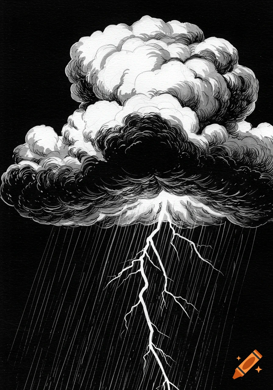 A dramatic black and white ink illustration of a large storm cloud with heavy rain and a jagged lightning bolt striking downwards.
