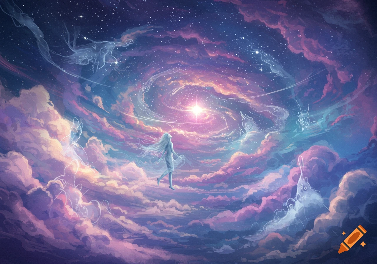 An ethereal figure with long hair floats amidst a swirling galaxy of pink, purple, and blue clouds and stars, in a dreamy digital art style.