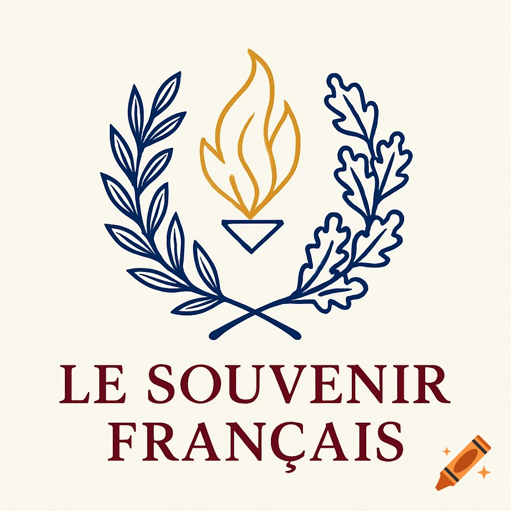 A cream background with a blue and gold logo featuring an Olympic-style torch centered within a laurel and oak leaf wreath. Below it, the text "LE SOUVENIR FRANÇAIS" is written in a dark red font.