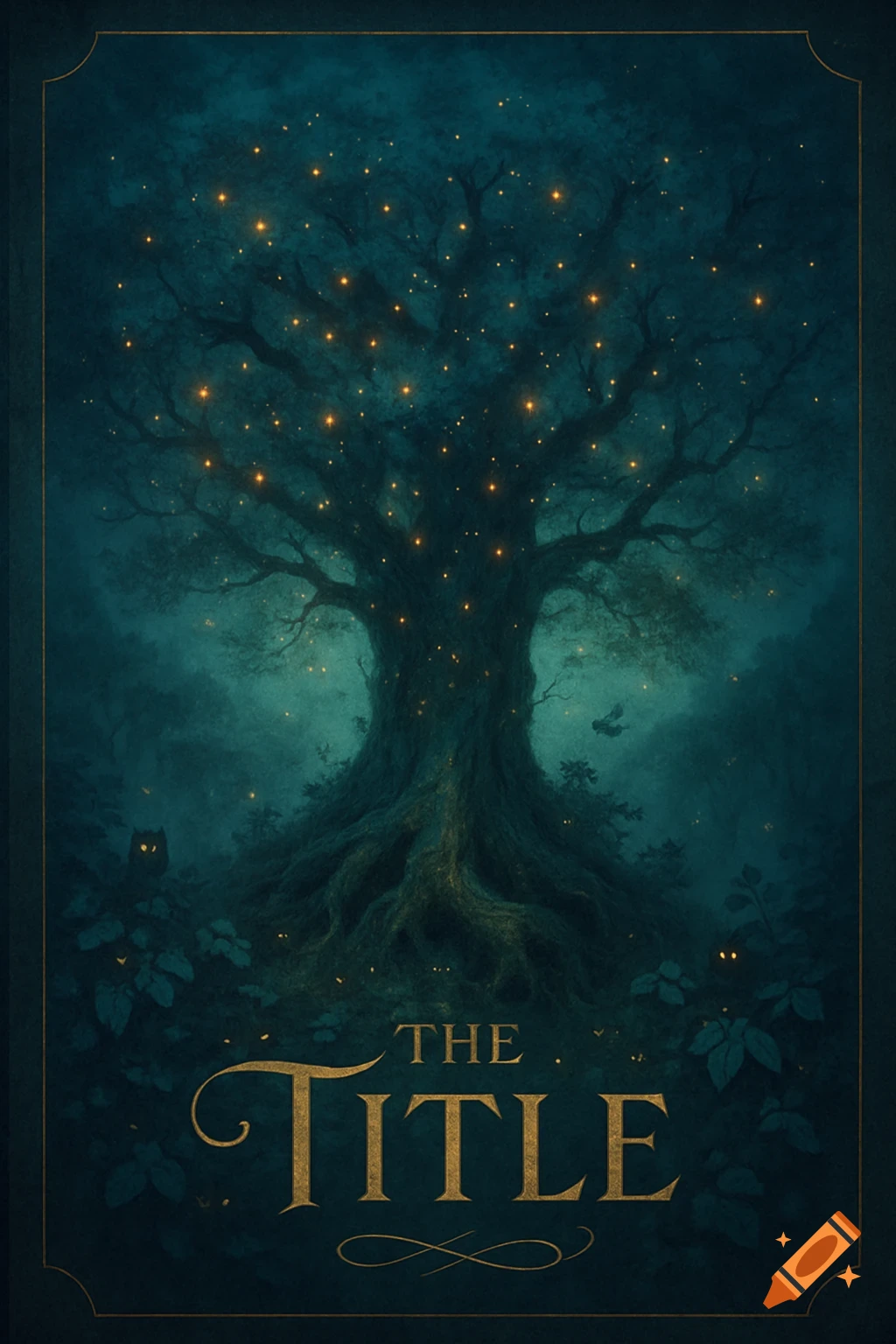 A fantasy book cover depicting a large, gnarled tree with glowing lights in a mystical, dark forest. The title 'THE TITLE' is at the bottom.