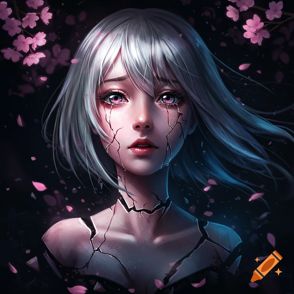 Anime woman with white hair, pink eyes, cracked skin, surrounded by falling pink cherry blossom petals.