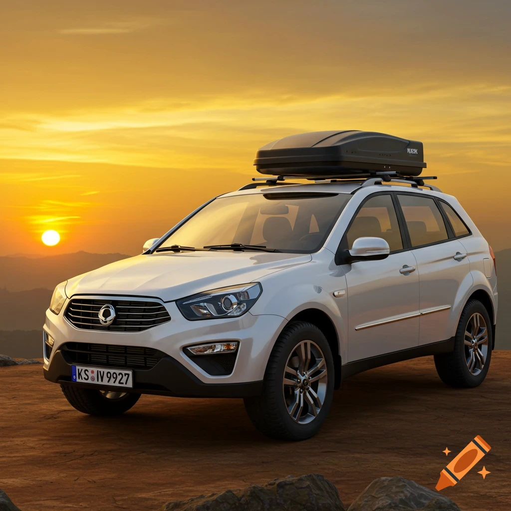 A white SUV with a roof rack is parked on a dirt road, silhouetted against a vibrant orange and yellow sunset over mountains.
