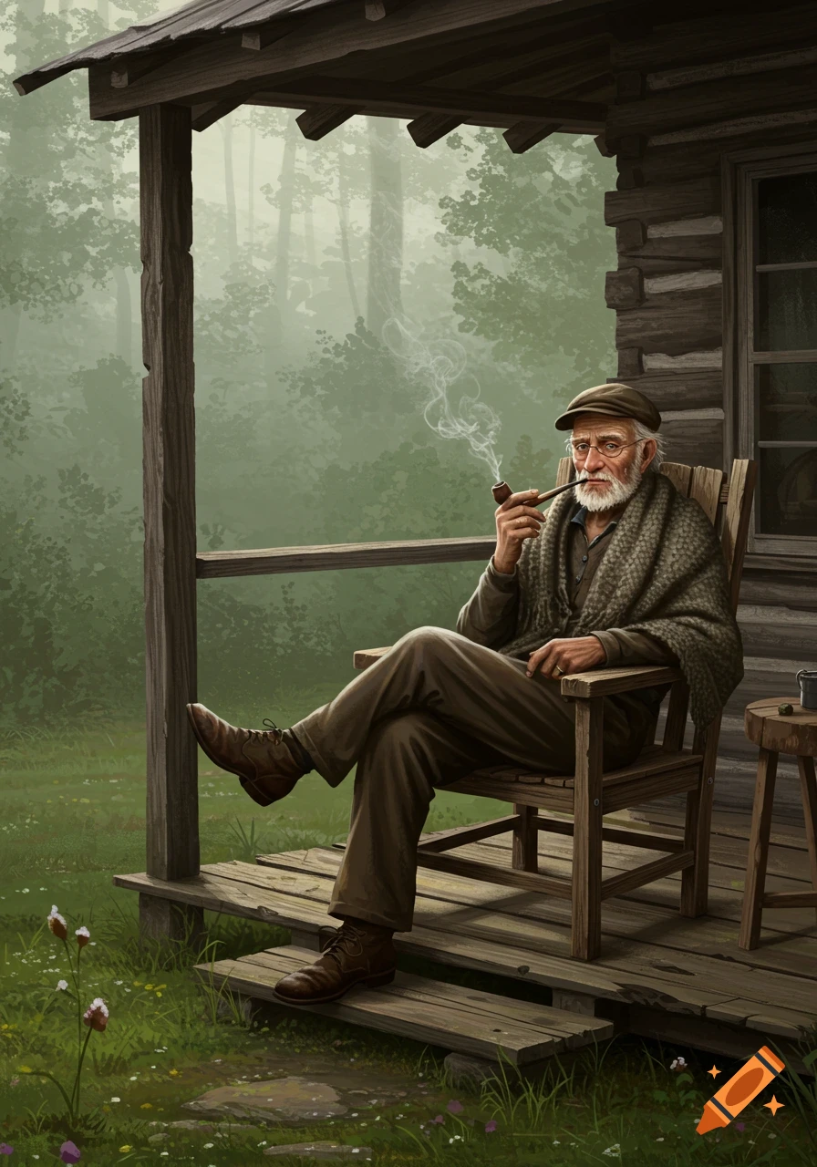 An old man with a white beard and glasses, wearing a cap, sits on a wooden porch smoking a pipe, with a misty forest in the background.