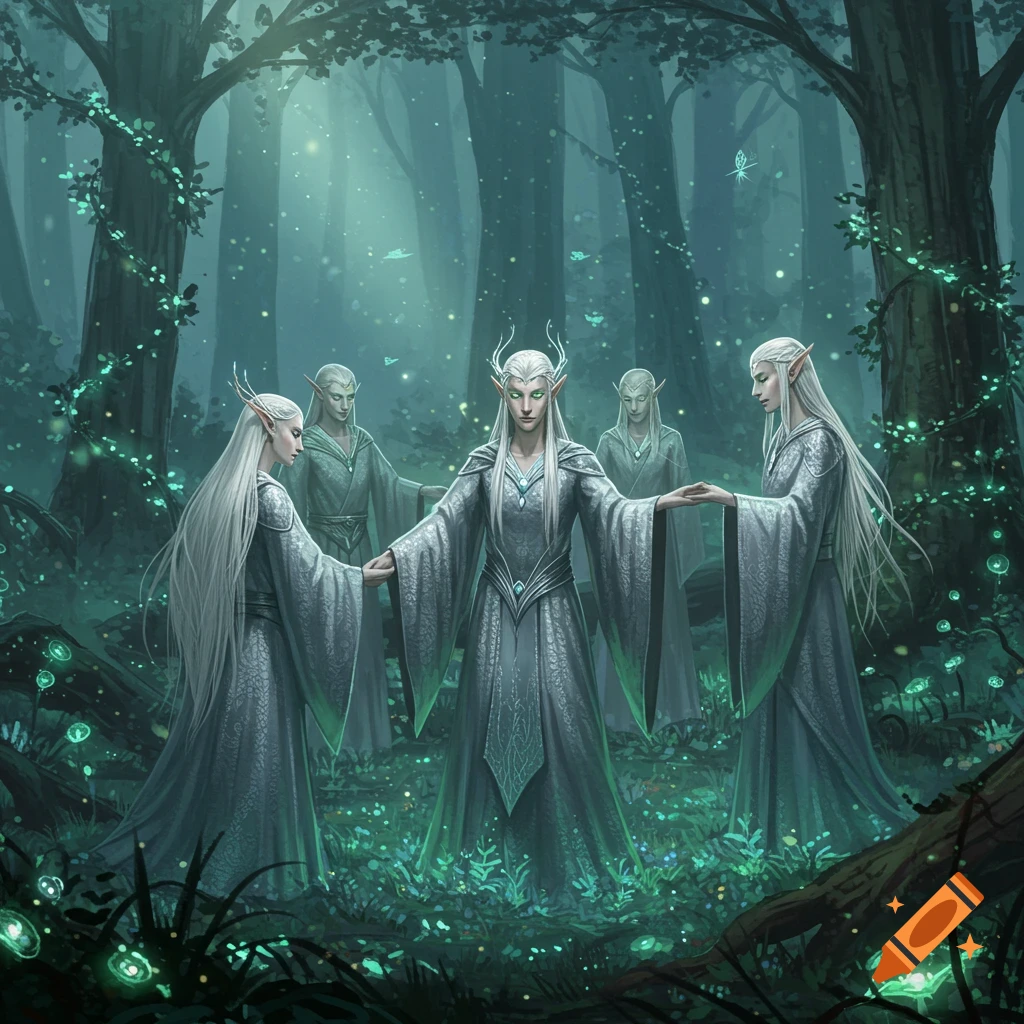 Five elves with long white hair and elaborate robes stand in a mystical, glowing forest, depicted in a detailed fantasy illustration.