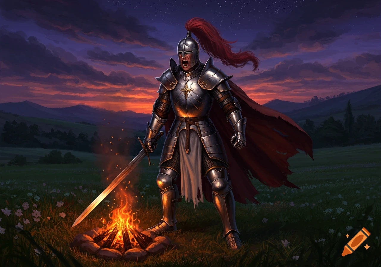 A knight in shining armor with a red plume roars next to a campfire, holding a sword in a grassy field at sunset.