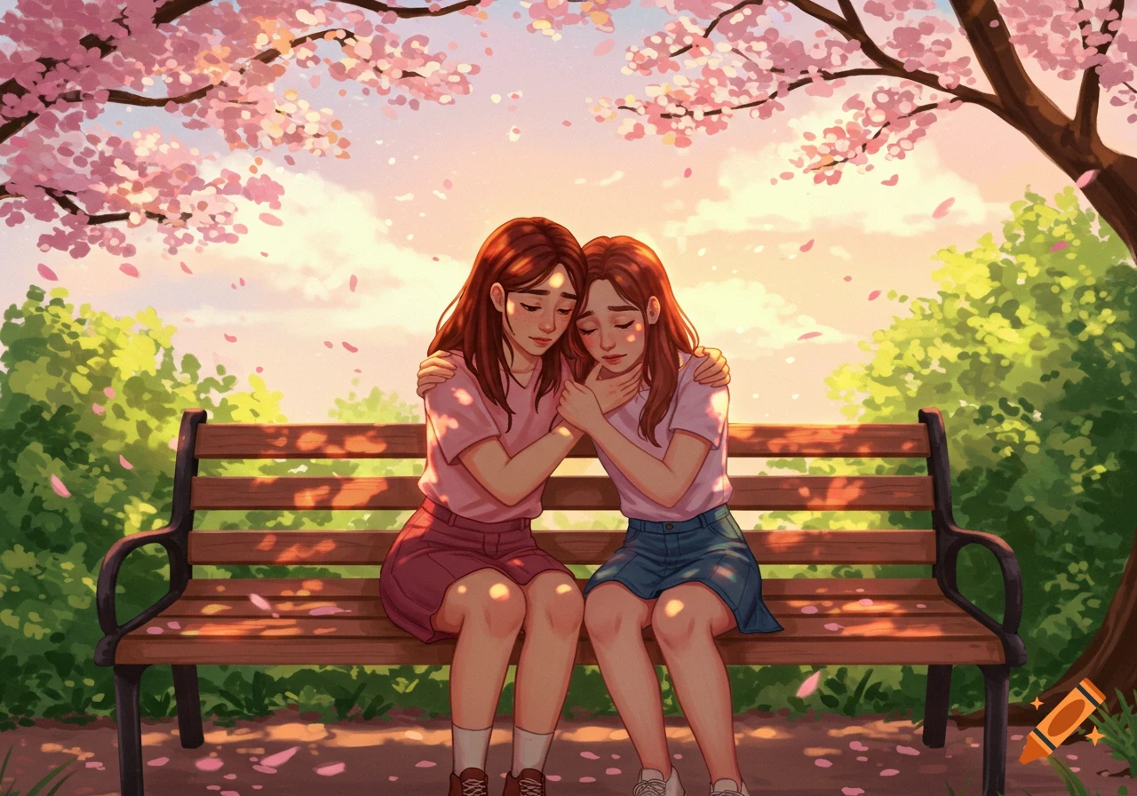 Two girls embrace on a park bench under a blooming cherry blossom tree in an anime art style.