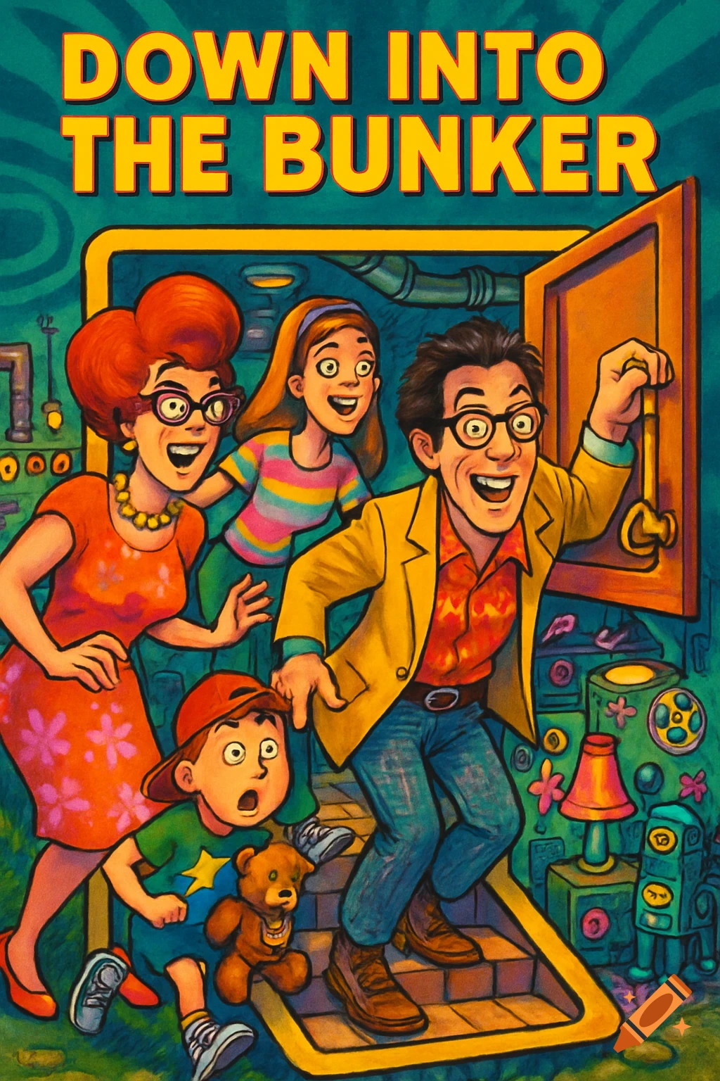 A retro comic-style movie poster titled 'DOWN INTO THE BUNKER', showing an excited cartoon family entering a colorful, quirky underground bunker.