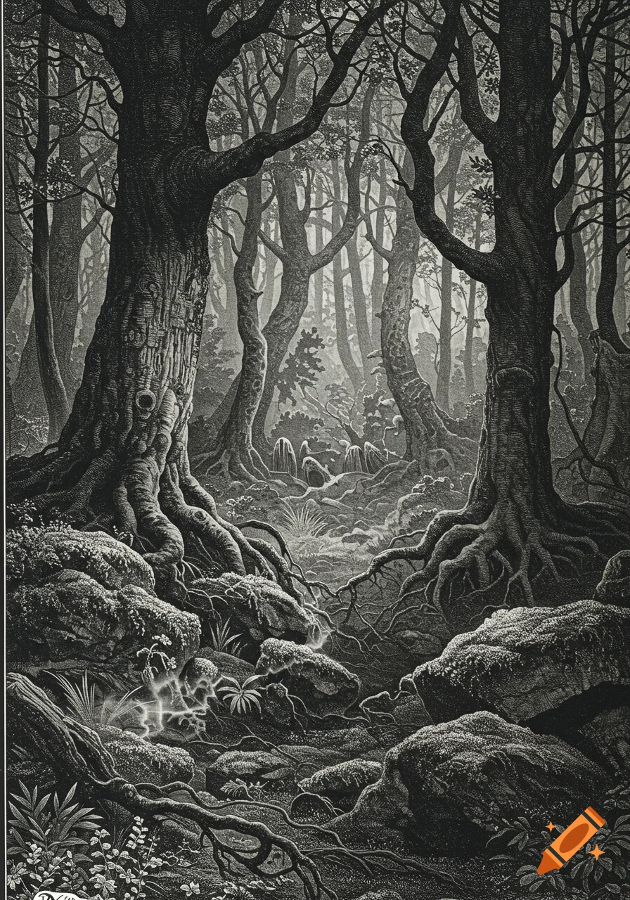 Monochromatic engraving of a dense, gnarled forest with thick trees and exposed roots.