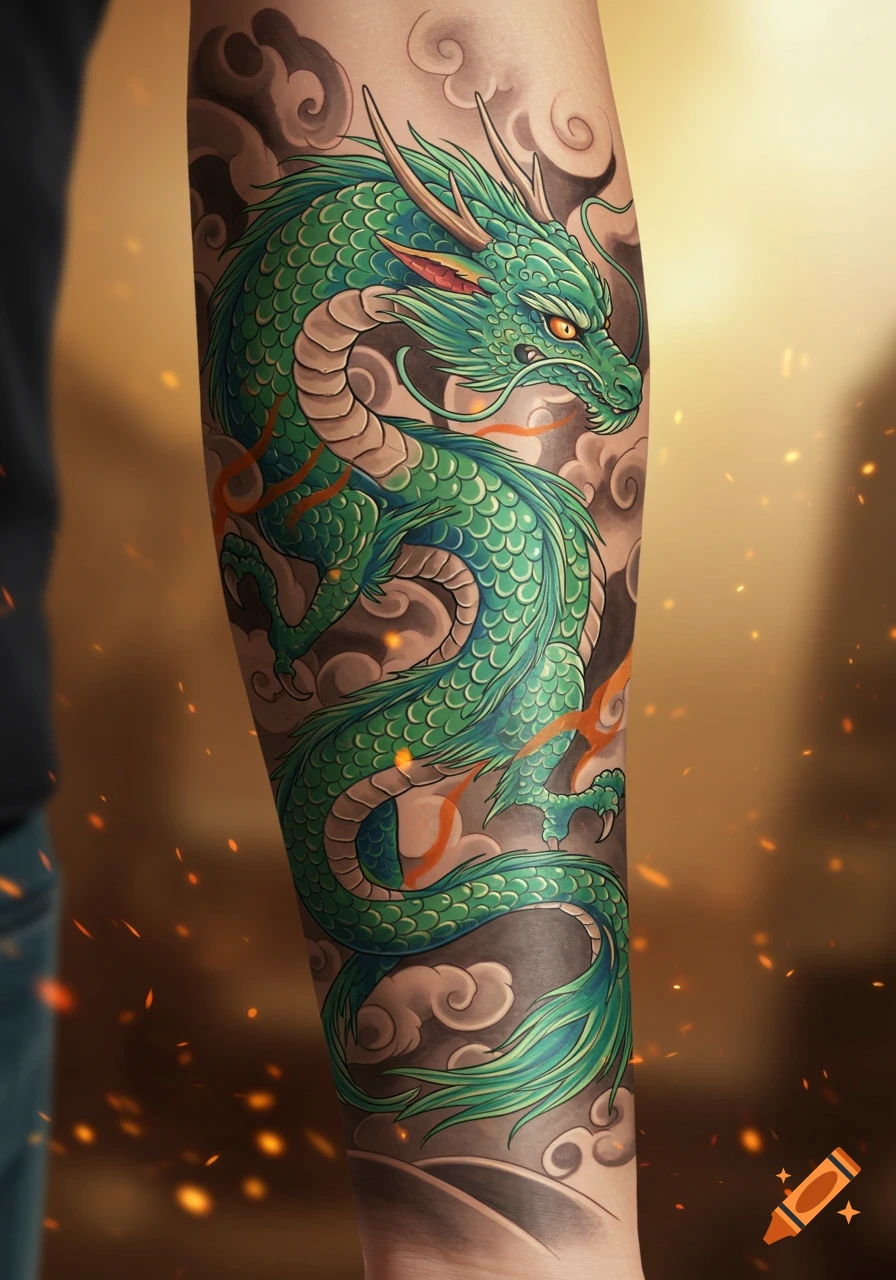 A vibrant green stylized dragon tattoo on a person's arm, surrounded by grey clouds and hints of orange flame.