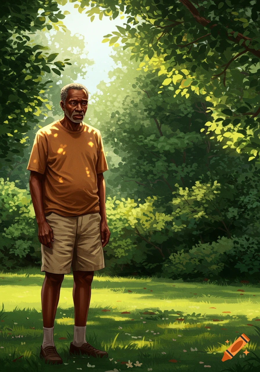 An elderly Black man with a pensive expression stands in a sunlit, green park, illustrated in a painterly style.