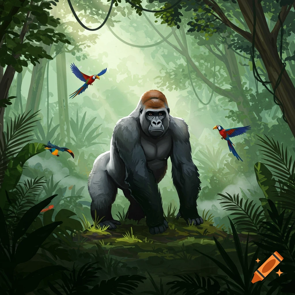 A powerful silverback gorilla stands in a lush, misty jungle with colorful parrots flying around it in an illustrative style.