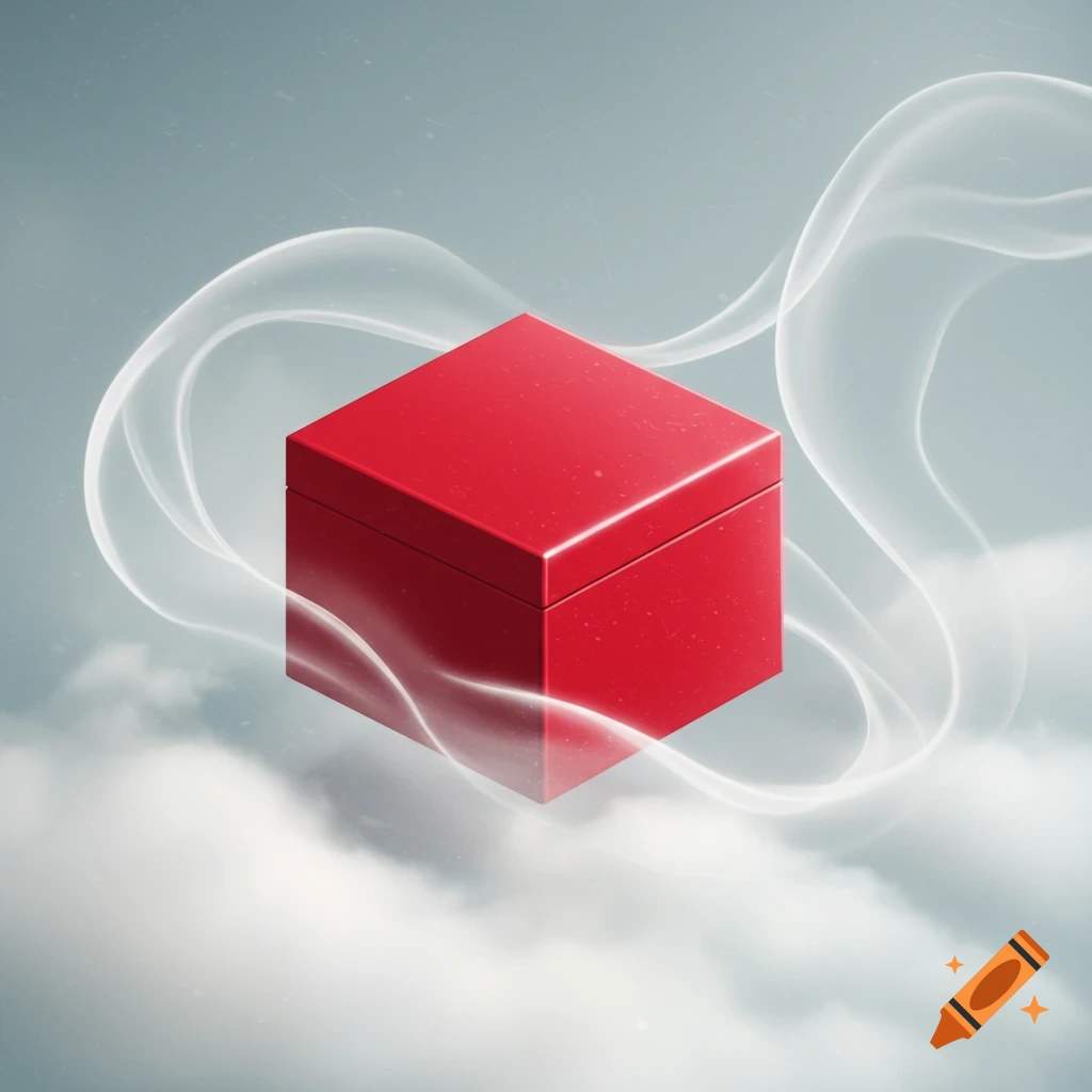 A bright red box floats in a serene sky, enveloped by wisps of smoke and soft white clouds.