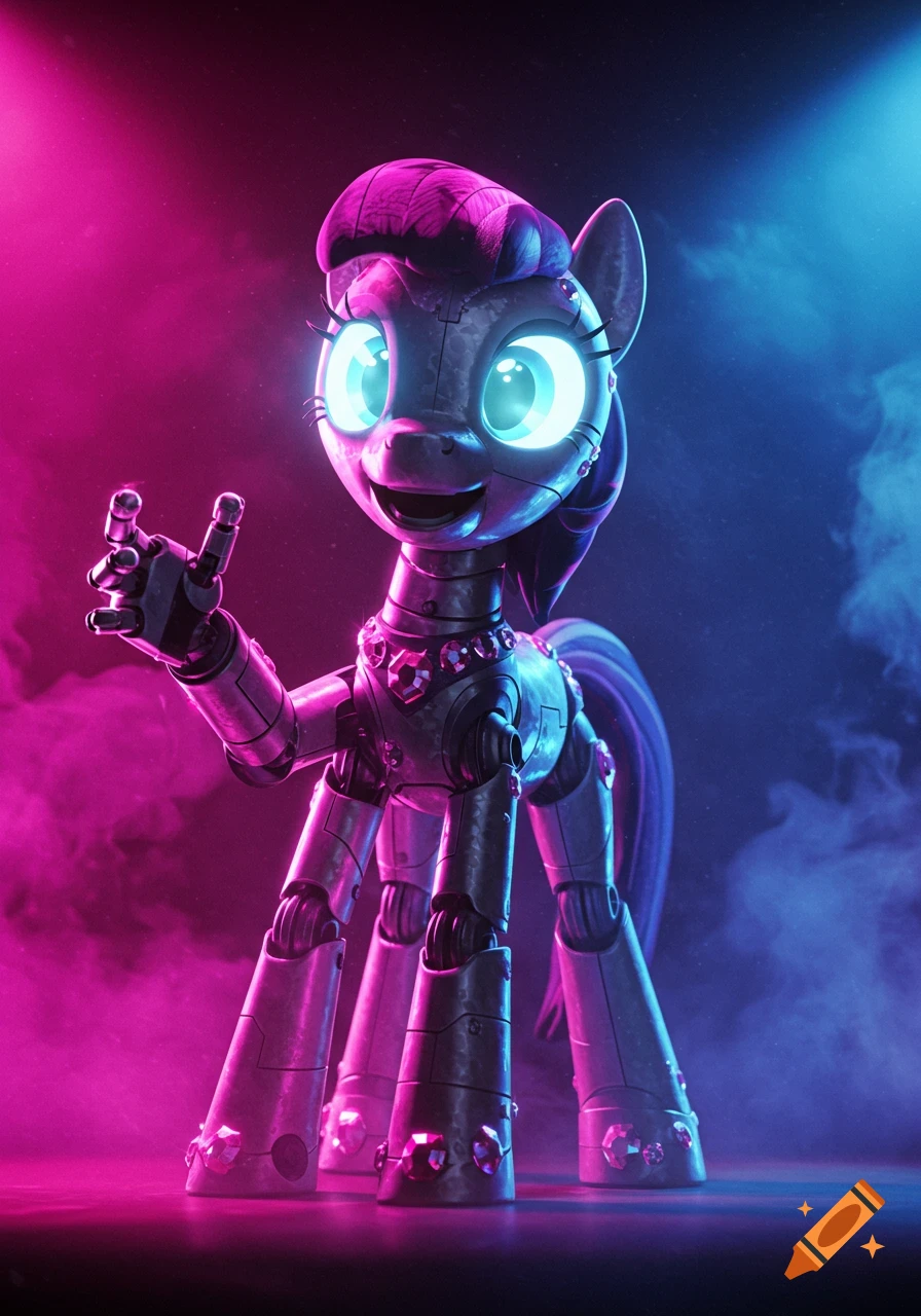 A 3D rendered animatronic pony with glowing blue eyes, metallic body, and pink gem accents poses on a stage with pink and blue smoke.