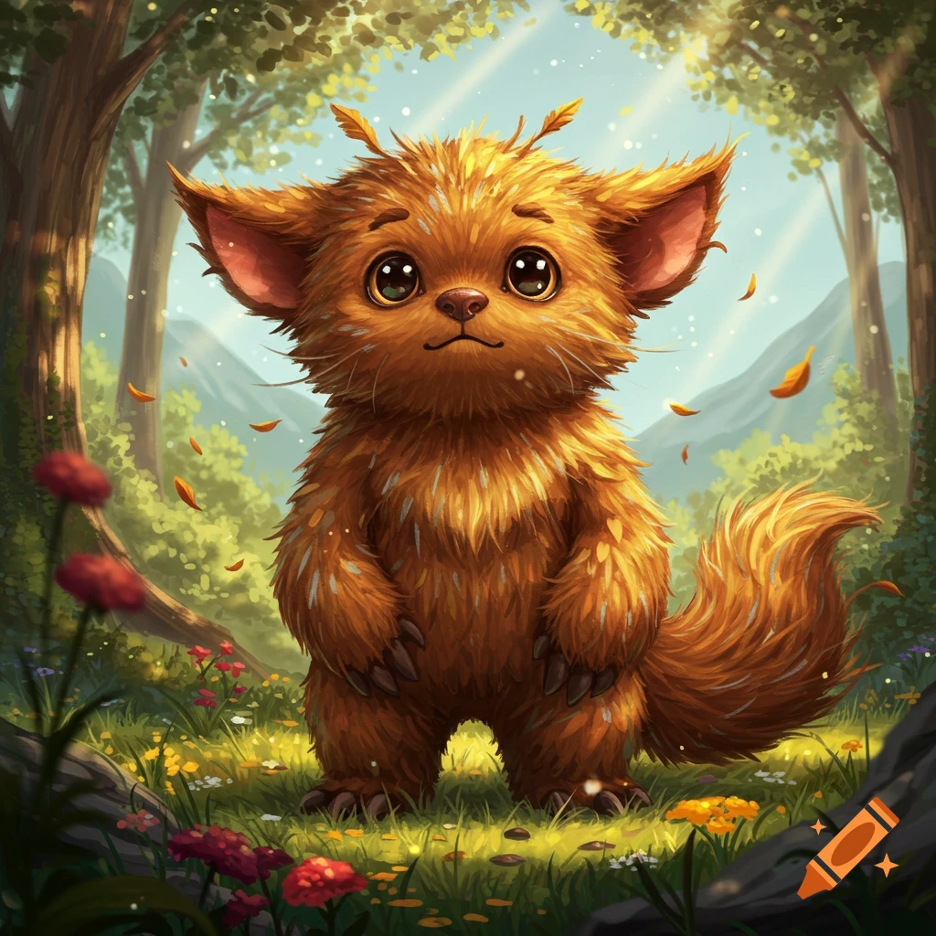 A cute, furry, orange and brown hobkin creature with large eyes and ears stands in a sunlit fantasy forest.