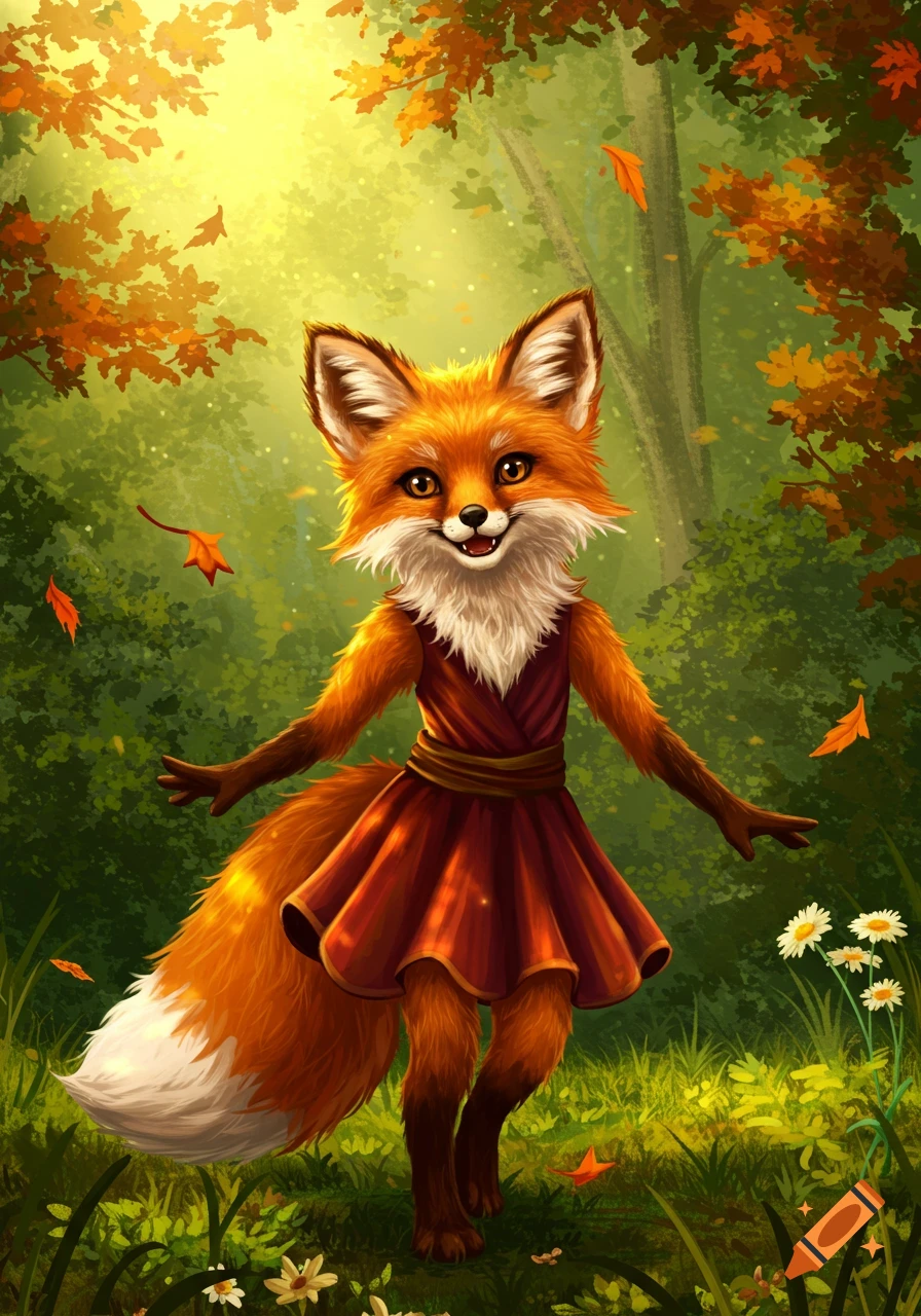 A cute anthropomorphic fox in a red dress smiles happily in an autumn forest with falling leaves, digital art.