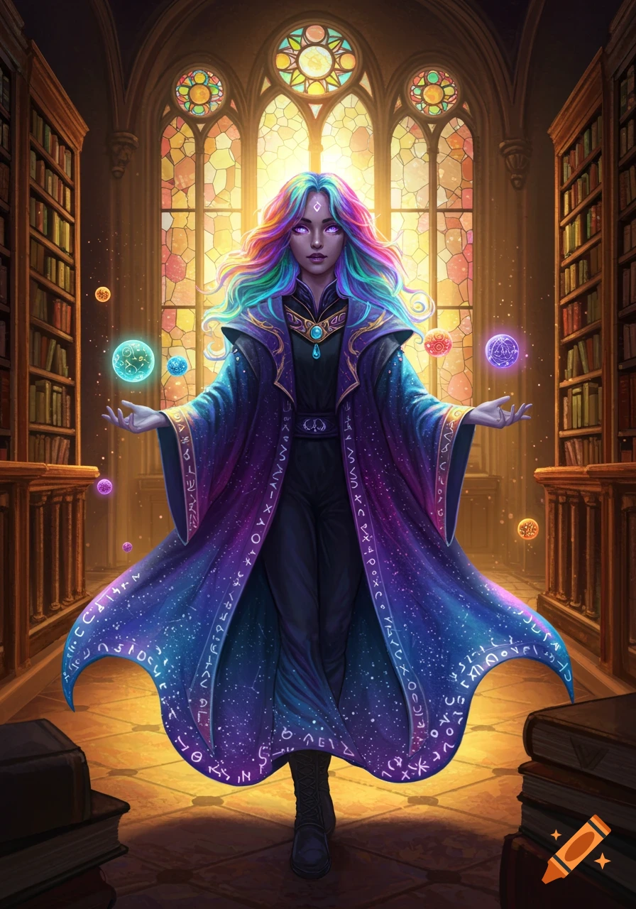 A female mage with vibrant rainbow hair and purple skin, wearing a cosmic robe, levitates colorful orbs in a grand library with stained glass windows.