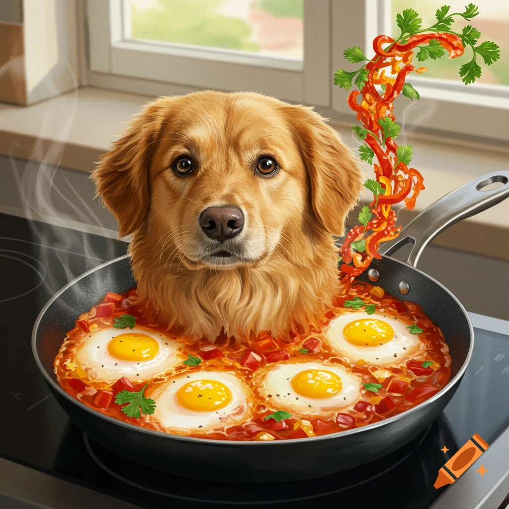 Photorealistic golden retriever's head emerging from a pan of shakshuka with eggs and vegetables on a stovetop.