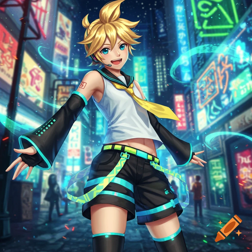 An anime character, Kagamine Len, stands smiling in a vibrant, neon-lit futuristic city street.