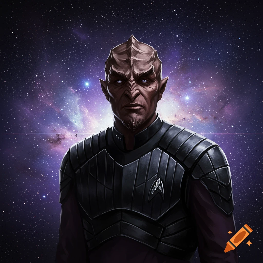 An intimidating Klingon with ridged forehead, white eyes, and a goatee, wears a segmented black and dark red uniform against a vibrant starfield.