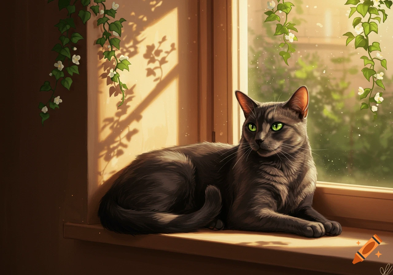 A gray cat with bright green eyes lies on a sunlit windowsill, with green vines and white flowers outside.